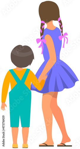 Happy kids son and daughter walking outdoors together outside back view. Sister holds her brother by hand. Children stand and look into distance. Family leisure activity vector illustration