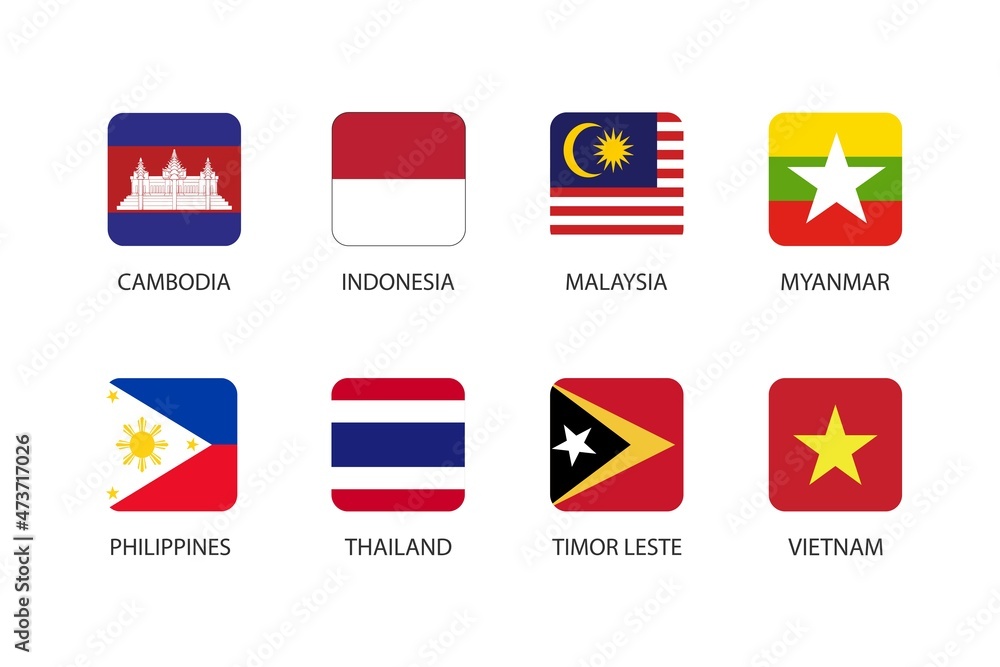 Set of square flag in Asia isolated on white background. Set of Cambodia, Indonesia, Malaysia, Myanmar, Philippines, Thailand, Timor-Leste and Vietnam. Set of square flag in Asia isolated on white background. Set of Cambodia, Indonesia, Malaysia, Myanmar, Philippines, Thailand, Timor-Leste and Vietnam.