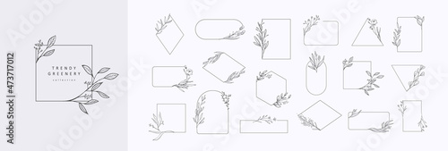 Floral branch and minimalist flowers for logo or tattoo. Hand drawn line wedding herb, elegant leaves for invitation save the date card. Botanical rustic trendy greenery