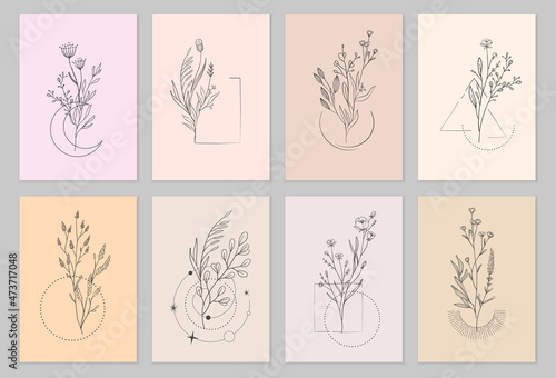 Floral branch and minimalist flowers for logo or tattoo. Hand drawn line wedding herb, elegant leaves for invitation save the date card. Botanical rustic trendy greenery