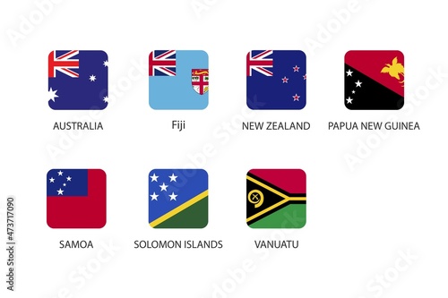 Set of square flag in Australia countries isolated on white background. Set of Australia, Fiji, New Zealand, Papua New Guinea, Samoa, Solomon Islands and Vanuatu.