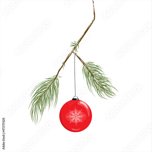 Green vector fir tree branch with a red Christmas ball, isolated on a white background.Christmas decoration, postcard, banner.