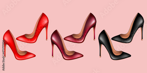 Red and black high-heeled shoes. Isolated vector illustration.