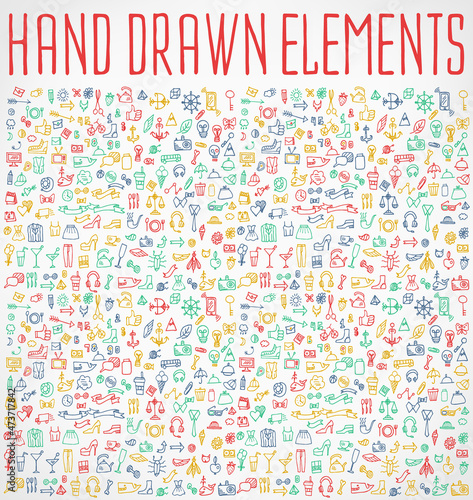 Hand drawn icons and elements pattern. Digital illustration