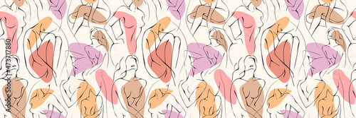 Vector seamless pattern with woman in minimal linear style Fashion illustration by femininity, beauty and modern art. Abstract poster and t-shirt print Vector