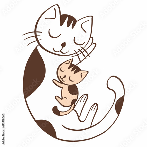 Cute white spotted cat kitten sleeping cuddling cartoon character cut out vector illustration