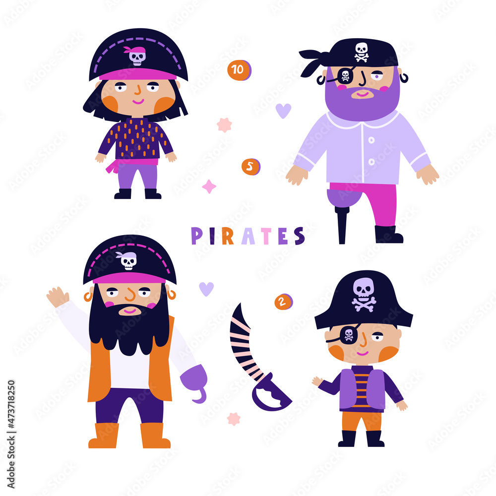 Vector illustration of 4 pirates. Pirate hat, eye patch. Pink and purple color. Poster, for printing on textiles, for wall design. Hand-drawn style Vector illustration of 4 pirates. Pirate hat, eye patch. Pink and purple color. Poster, for printing on textiles, for wall design. Hand-drawn style