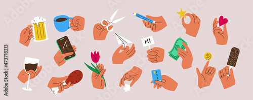 Set of colorful hands holding various stuff. Different operations and gestures. Hand drawn vector
