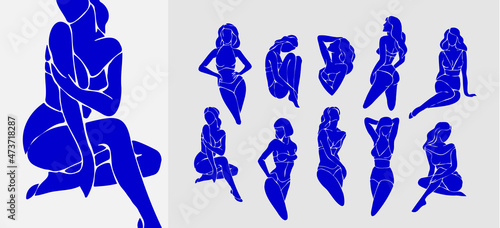 Contemporary feminine matisse style posters. Woman in minimal silhouette mosaic style. Illustration by femininity, beauty and modern art. Abstract vector