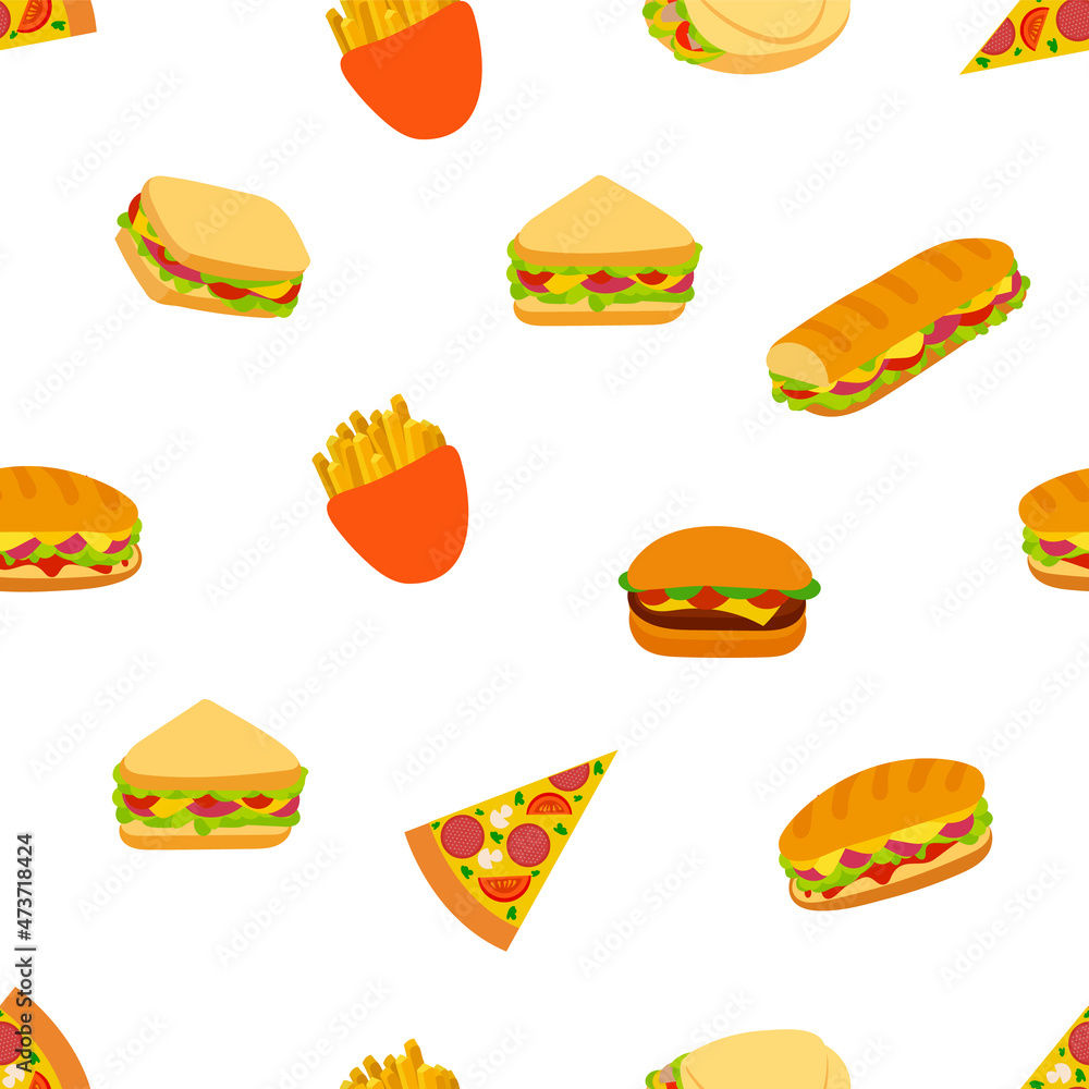 seamless pattern, fastfood background, flat icons, sandwiches, pizza, French fries on white background.