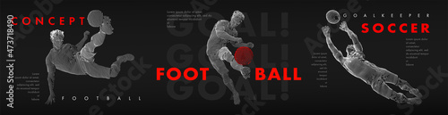 A set of football, soccer players drawing by white lines with text on dark-gray background