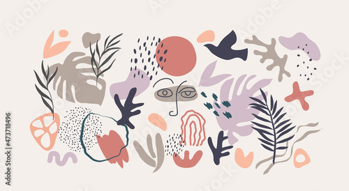 Abstract trendy doodle in organic freehand matisse art style. Hand drawn various Shapes and objects. Contemporary modern icons templates for posters  Social media. Vector