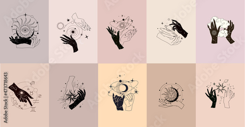 Spiritual esoteric magic logo or talisman with woman hands in silhouette style with stars, sacred geometry moon and sun. Alchemy mystic tattoo object logo template. Vector