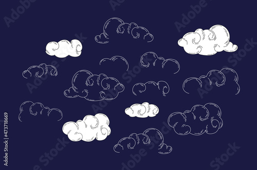 Set of abstract clouds in linear and silhouette style. Chinese and Curl cloud celestial elements. Vector