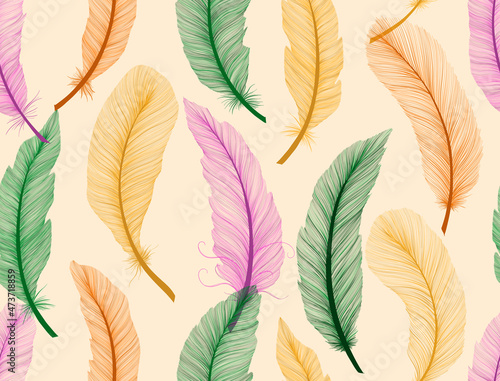 Feather seamless pattern hand drawn sketch realism style. Tribal native american. Boho ethnic decoration.