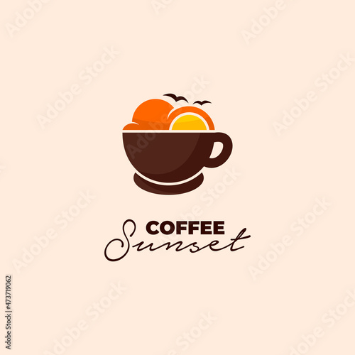 coffee sunset logo ideas with a cup, cloud, bird,