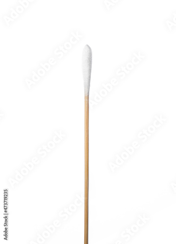 Cotton swab with wood stick close up on white background