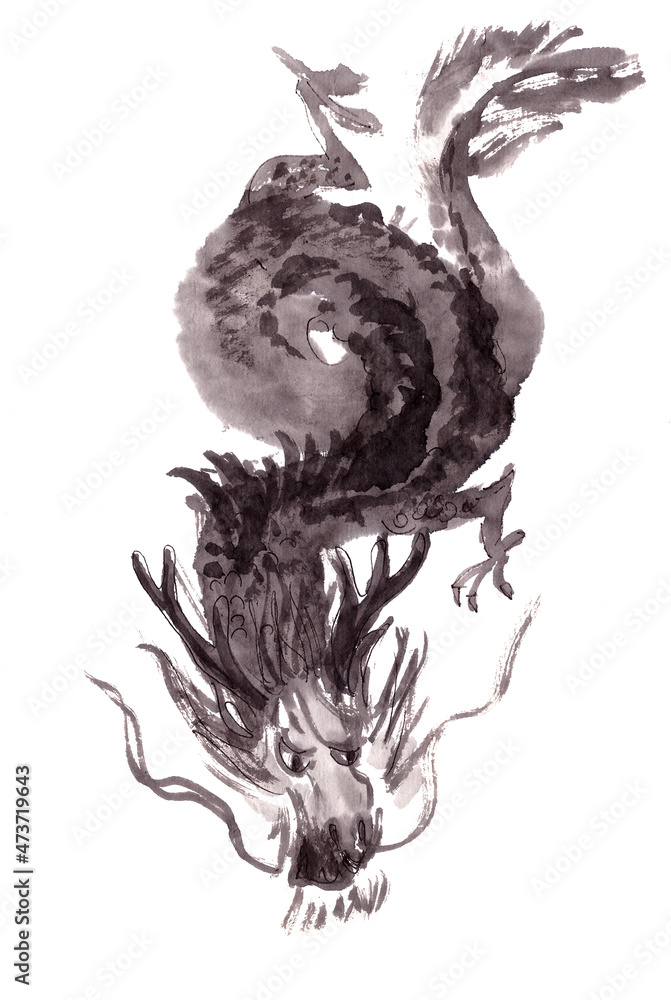 Black chinese dragon graphic ink drawing on white background Stock