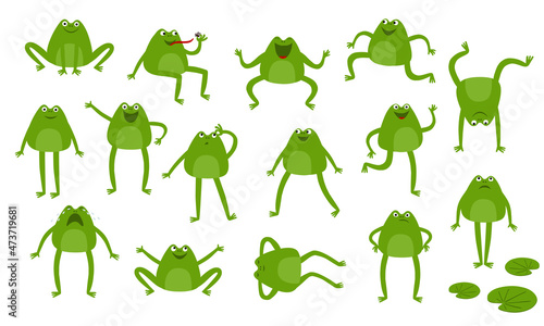 Collection of funny cartoon frog character in different poses isolated on white background (ID: 473719681)