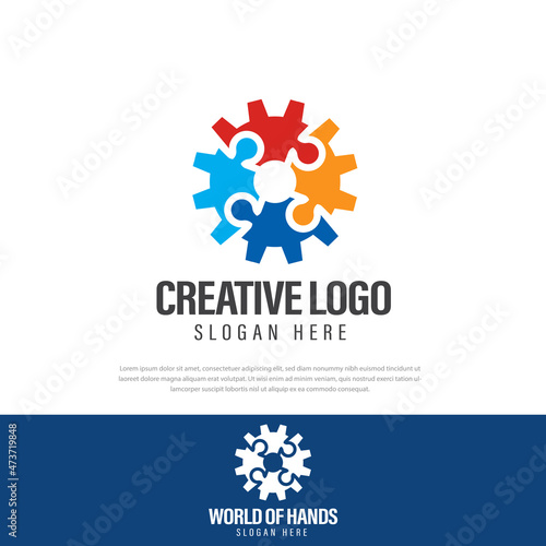 Gear shape puzzle logo design, human resources, team work, circular symbol, puzzle. basic concept