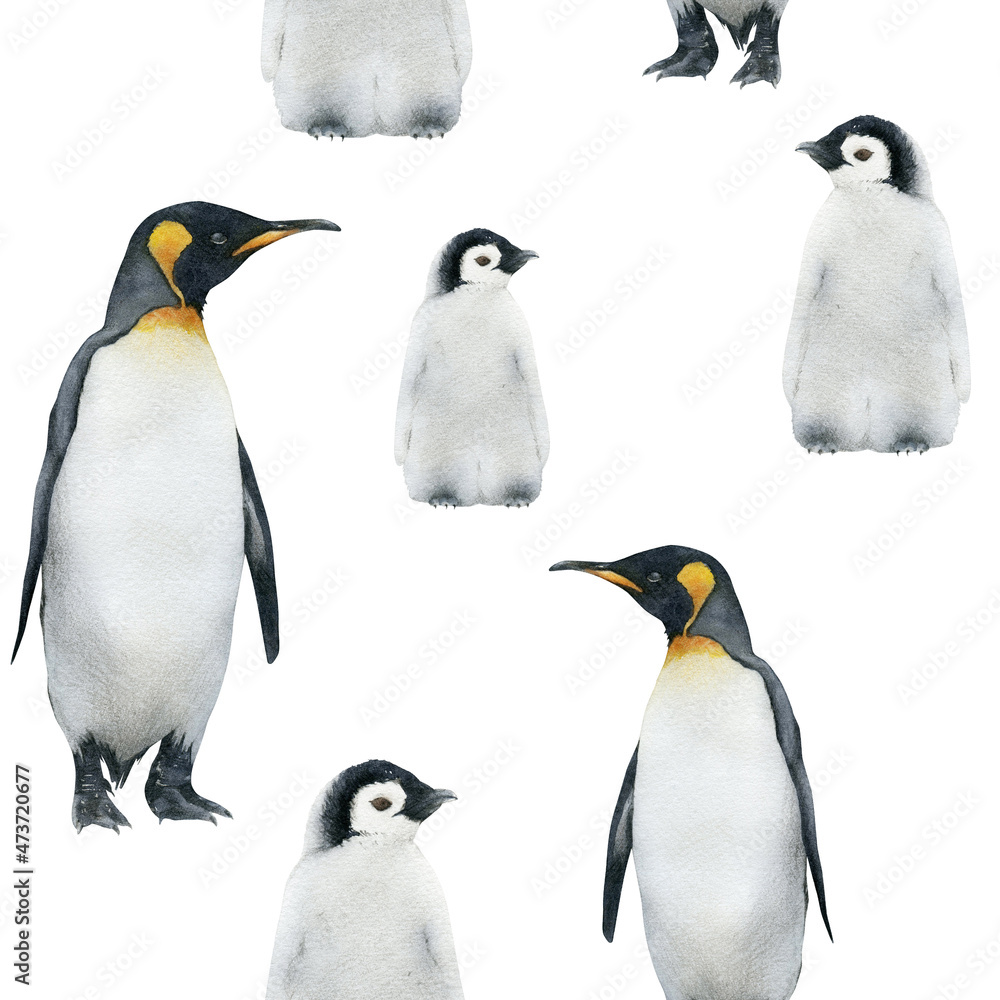 Fototapeta premium Watercolor penguin seamless pattern isolated on white background. Hand-drawn Antarctic animals backdrop for fabric, clothing, wrapping paper, decor