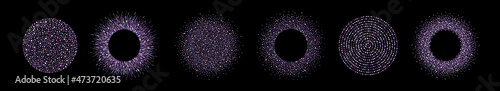 Purple, violet round backgrounds, frames big set, collection. Circle, ring shapes made of uneven dots, drops, paint splashes, specks, tiny spots, blobs. Dotted templates for borders, design elements. 