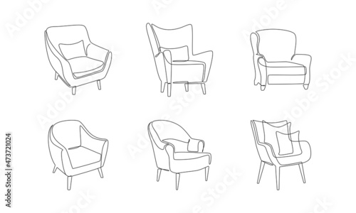 Modern furniture for home interior decorations of trendy loft style outline contour lines. Collection of armchairs and chairs simple linear silhouette. Doodle vector illustration