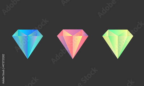 Cartoon flat style diamond in different colors. Vector illustration image. Isolated on white background.
