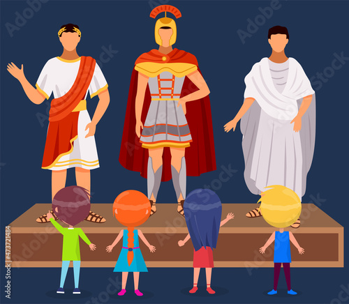 Museum visitors group of small children looking at classical figure of roman citizens exhibits, museum guide telling kids about historical person, people viewing museum showpiece on excursions