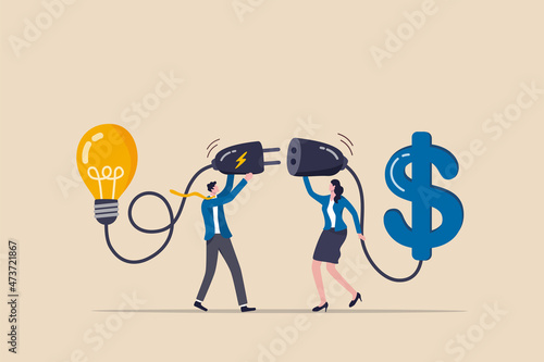 Venture capital or financial support for startup and entrepreneur company, make money idea or idea pitching for fund raising concept, businessman and woman connect lightbulb with money dollar sign.