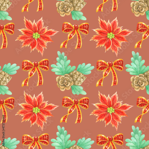 Watercolor seamless christmas pattern with fir cone,poinsettia and red bow isolated on red background.Good for gift wrapping paper and package design.