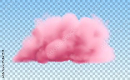 Realistic pink cloud isolated on transparent background. Vector fluffy smoke in a blue sky.