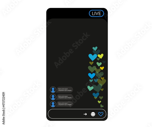 Interface with stream of flying hearts. Like elements for social media live translation. Vector illustration.