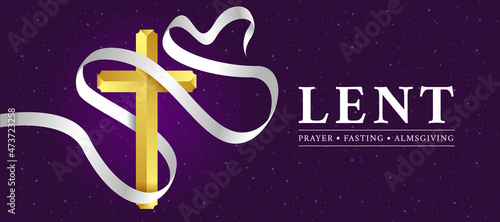 LENT, prayer, fasting and almsgiving text with white long ribbon cloth roll around gold cross crucifix sign on dark purple background vector Design