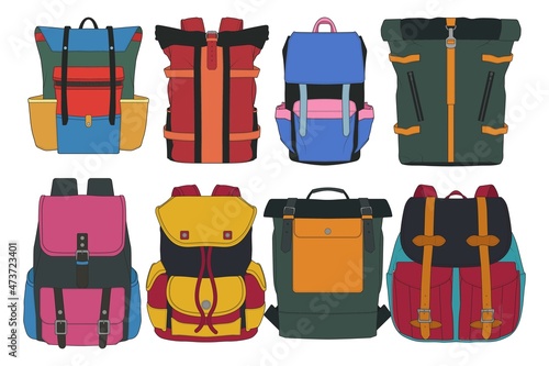 Set Of Vector Colorful Backpacks. Set Of Backpacks for schoolchildren, students, travellers and tourists. Back to School rucksack flat vector illustrations isolated on white.
