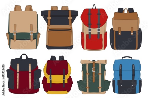 Set Of Vector Colorful Backpacks. Set Of Backpacks for schoolchildren, students, travellers and tourists. Back to School rucksack flat vector illustrations isolated on white.
