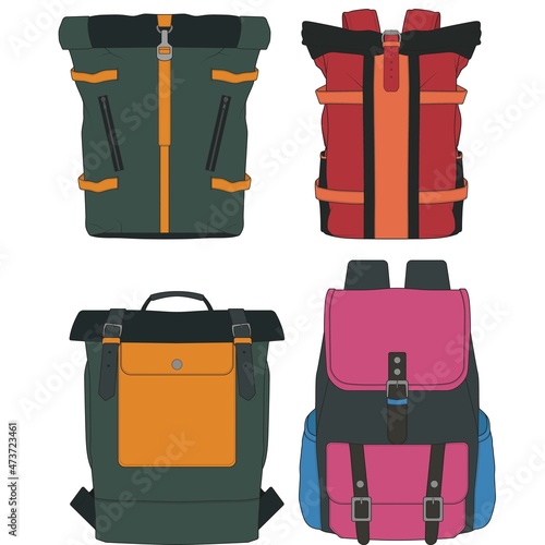 Set Of Vector Colorful Backpacks. Set Of Backpacks for schoolchildren, students, travellers and tourists. Back to School rucksack flat vector illustrations isolated on white.
 photo