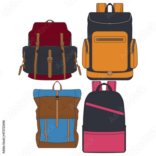 Set Of Vector Colorful Backpacks. Set Of Backpacks for schoolchildren, students, travellers and tourists. Back to School rucksack flat vector illustrations isolated on white.
