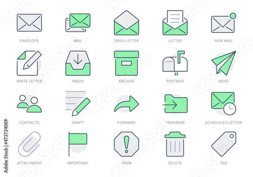 Mail line icons. Vector illustration include icon - postbox, label, letter, email, envelope, spam, document attachment outline pictogram for postal service. Green Color, Editable Stroke photo