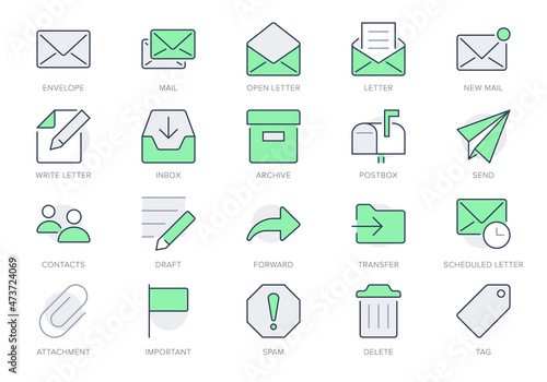 Mail line icons. Vector illustration include icon - postbox, label, letter, email, envelope, spam, document attachment outline pictogram for postal service. Green Color, Editable Stroke