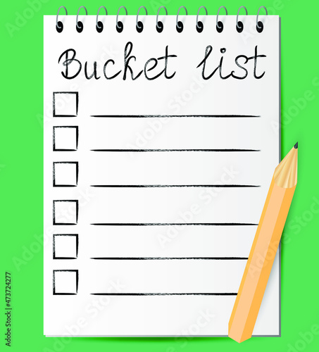 Template of bucket list in notepad with pencil. Vector illustration.