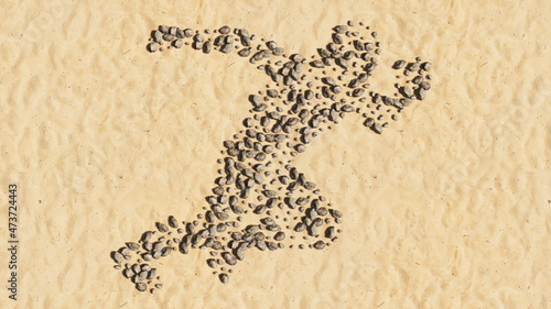 Concept conceptual stones on beach sand handmade symbol shape, golden sandy background, runner sign. A 3d illustration metaphor for athlete, sprinter, marathon, competition, exercise and health