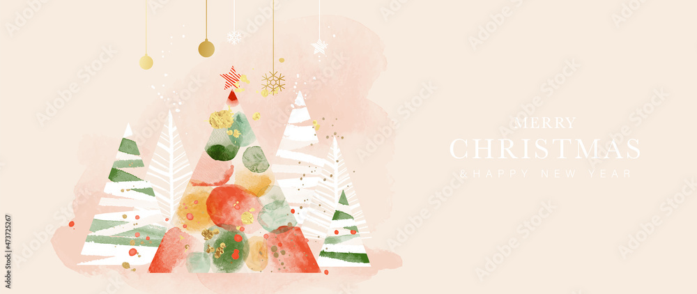 Naklejka premium Christmas and Happy New Year background vector. Hand painted watercolor drawing for winter season. Background design for invitation, cards, social post, ad, cover, sale banner and invitation.