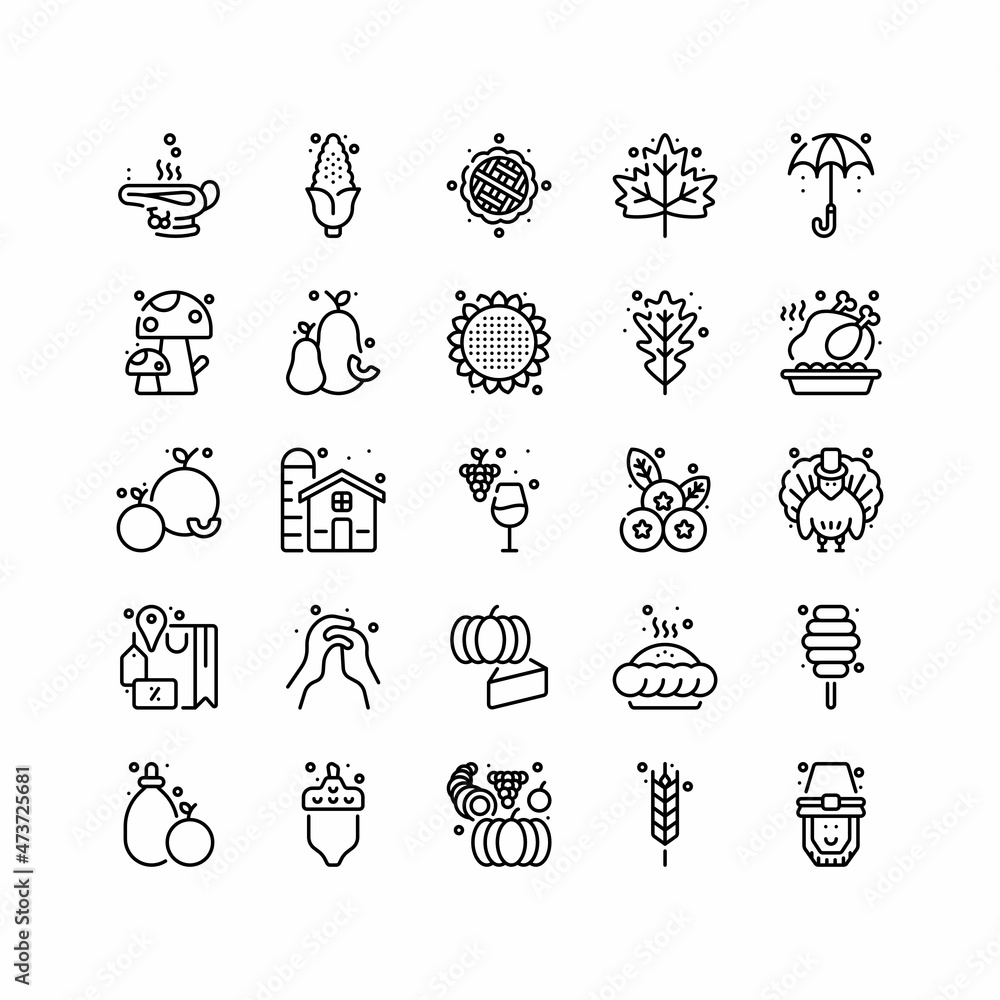 Fototapeta premium Set of Thanksgiving day dinner Outline Icon, Logo, and illustration