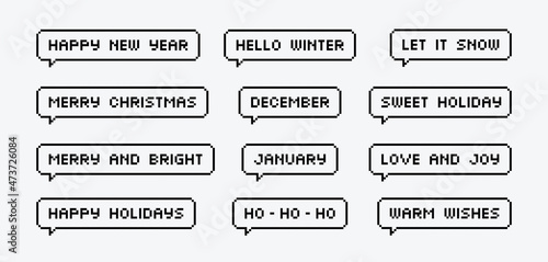 Set of christmas and new year season speech bubble pixel art.