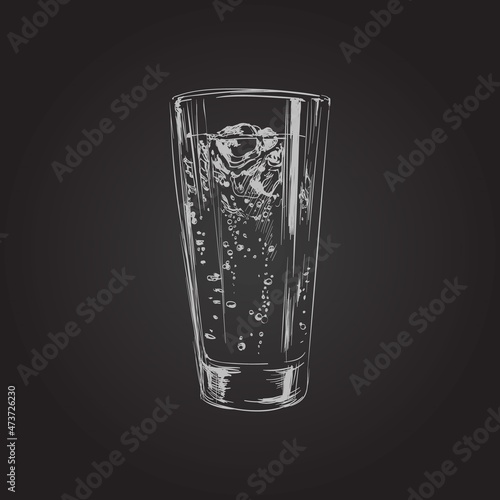 Glass of Water Isolated on Black Background. Hand Drawing Vector Illustration.