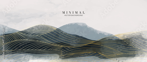 Mountain background vector. Minimal landscape art with watercolor brush and golden line art texture. Abstract art wallpaper for prints, Art Decoration, wall arts and canvas prints. 