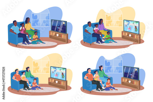 Watching tv with family 2D vector isolated illustration set. Parents with children sitting on couch flat characters on cartoon background. Spend quality time together colourful scenes collection
