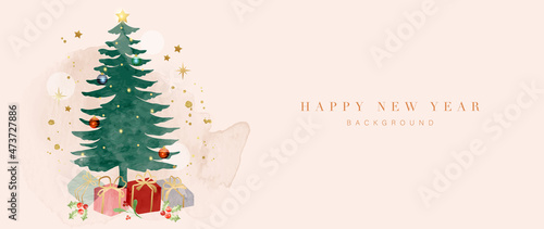 Christmas and Happy New Year  background vector. Hand painted watercolor drawing for winter season. Background design for invitation, cards, social post, ad, cover, sale banner and invitation.