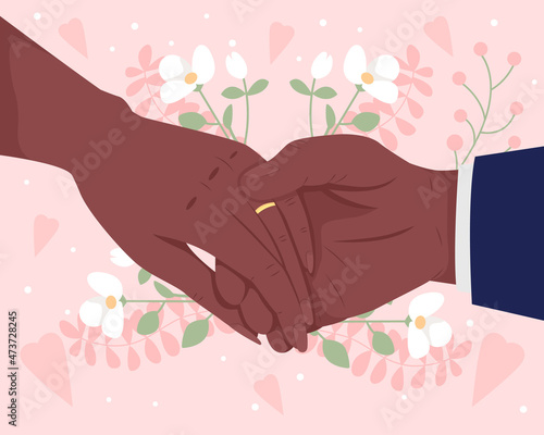 Romantic engagement proposal flat color vector illustration. Proposing wedding for lover. Holding hands with gold rings 2D cartoon first view hand with flower branches on pink abstract background